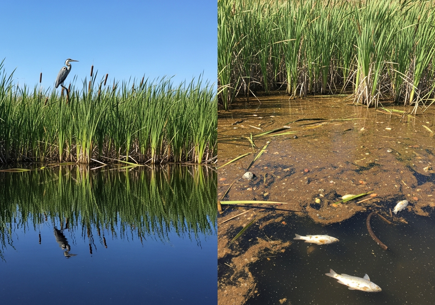 Split-screen view showing a vibrant marsh next to a polluted, degraded wetland.