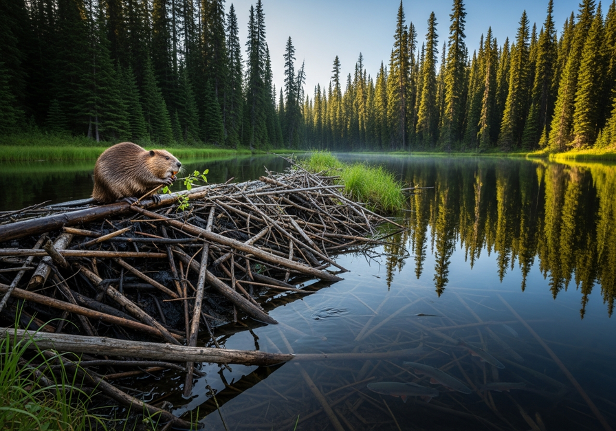 A beaver dam in a forested lake, demonstrating a beaver's role in shaping freshwater habitats.