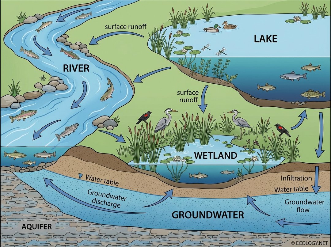 Diagram illustrating diverse freshwater habitats including a river, lake, wetland, and groundwater system.