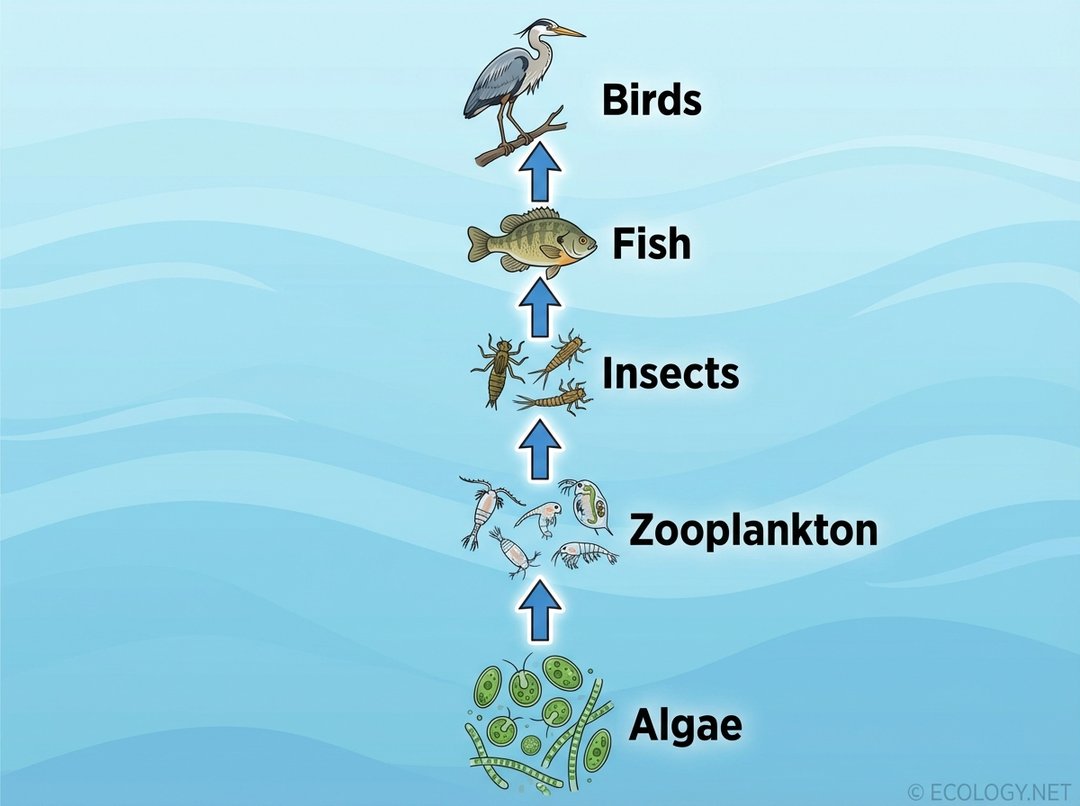Diagram showing a simplified freshwater food web with algae, zooplankton, insects, fish, and birds.