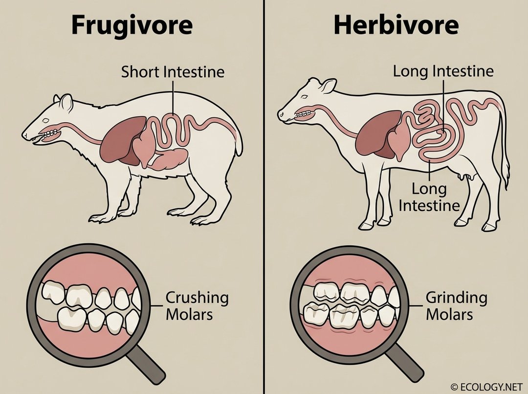 Diagram comparing frugivore and herbivore digestive systems and teeth.