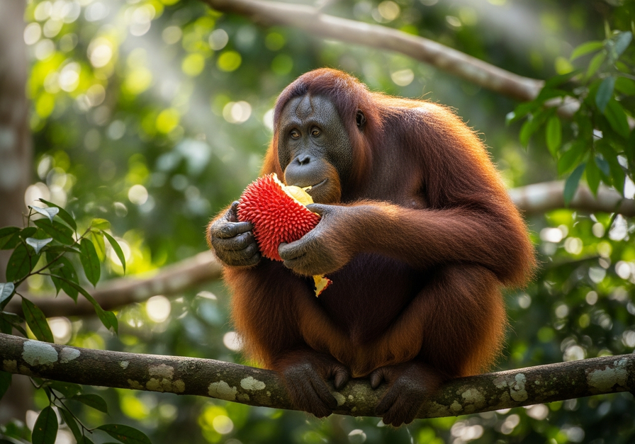 A mature orangutan in a lush rainforest canopy, holding a bright red fleshy fruit, illustrating primate frugivory.