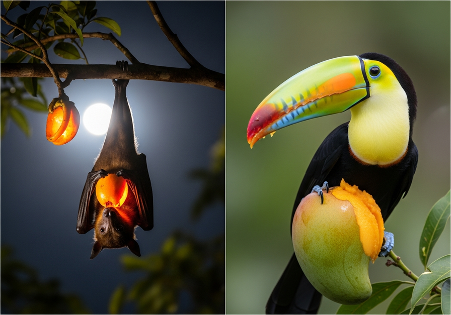A split-screen image showing a fruit bat feeding on a glowing fruit at night and a toucan pecking a mango during the day.