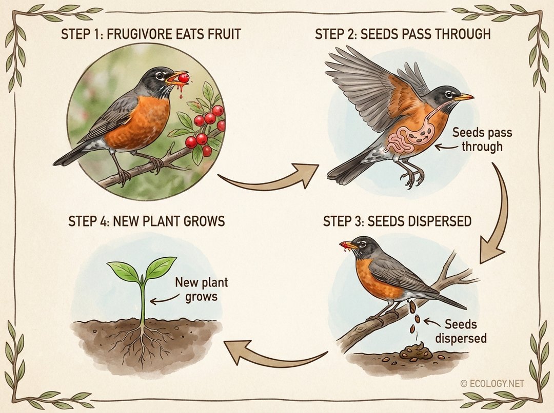 Four-step diagram illustrating seed dispersal by a frugivore.