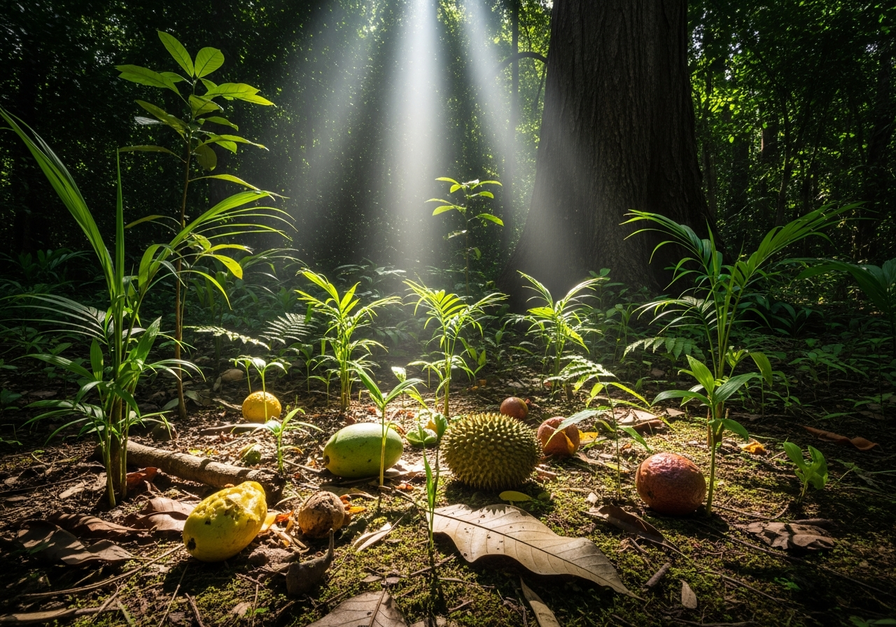 A wide shot of a tropical forest floor with a sunlit canopy gap, showing new seedlings sprouting among fallen fruits.