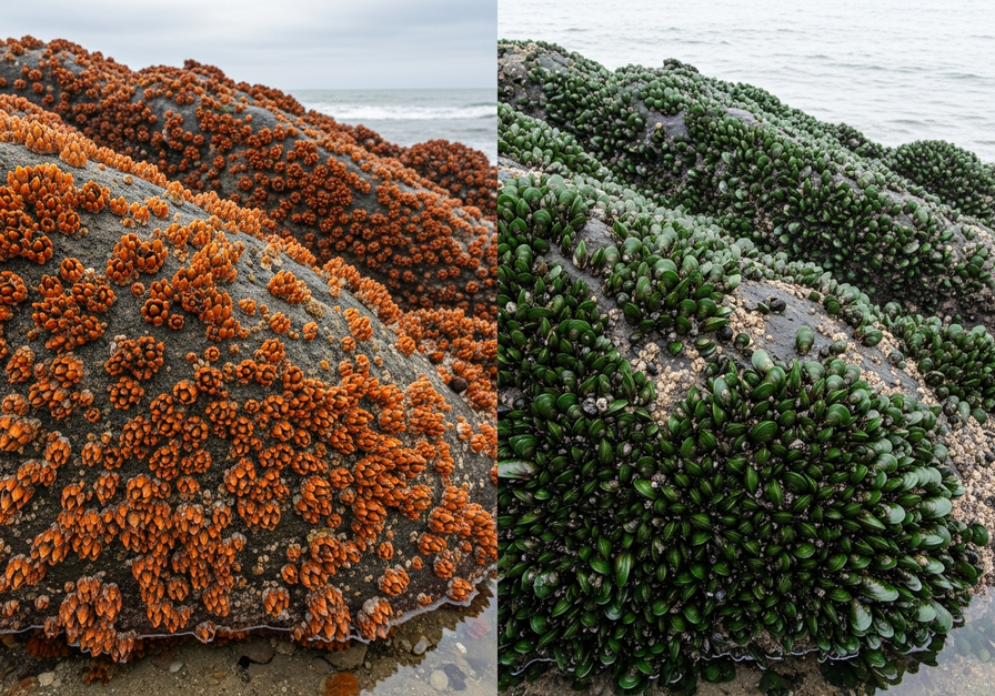 Split-screen photo showing an upper intertidal rock face densely covered with bright orange barnacles on the left, and a lower intertidal rock face crowded with massive green mussels on the right. This illustrates the fundamental versus realized niche due to competition.