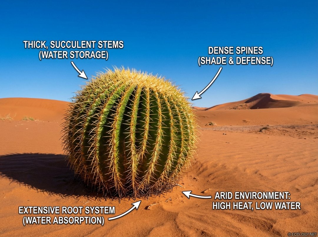 A vibrant cactus thriving in a harsh, arid desert environment with sand dunes and a clear blue sky, illustrating physiological tolerance.