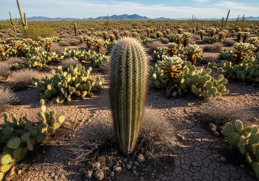 A solitary Saguaro cactus stands in an expansive, arid desert plain, surrounded by a cluster of other cactus species like Prickly Pear and Cholla, illustrating how competition for scarce resources limits its realized niche.