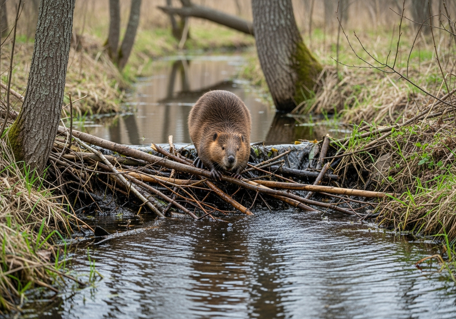 A beaver actively building a dam across a small forest stream, its paws holding branches and mud, demonstrating niche construction by modifying its environment.