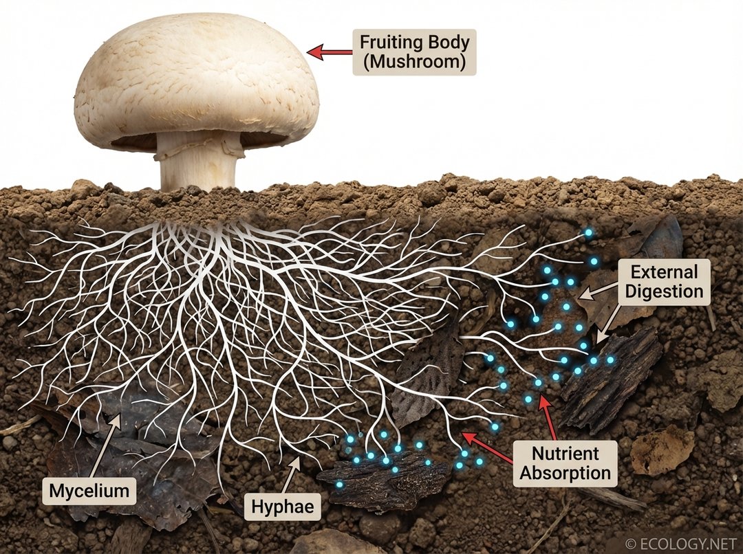 Diagram illustrating fungal structure with underground mycelium, hyphae, and a mushroom, showing external digestion and nutrient absorption.