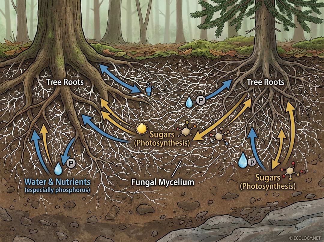 Diagram of the 'Wood Wide Web' showing tree roots interconnected by fungal mycelium, illustrating the exchange of water, nutrients, and sugars.