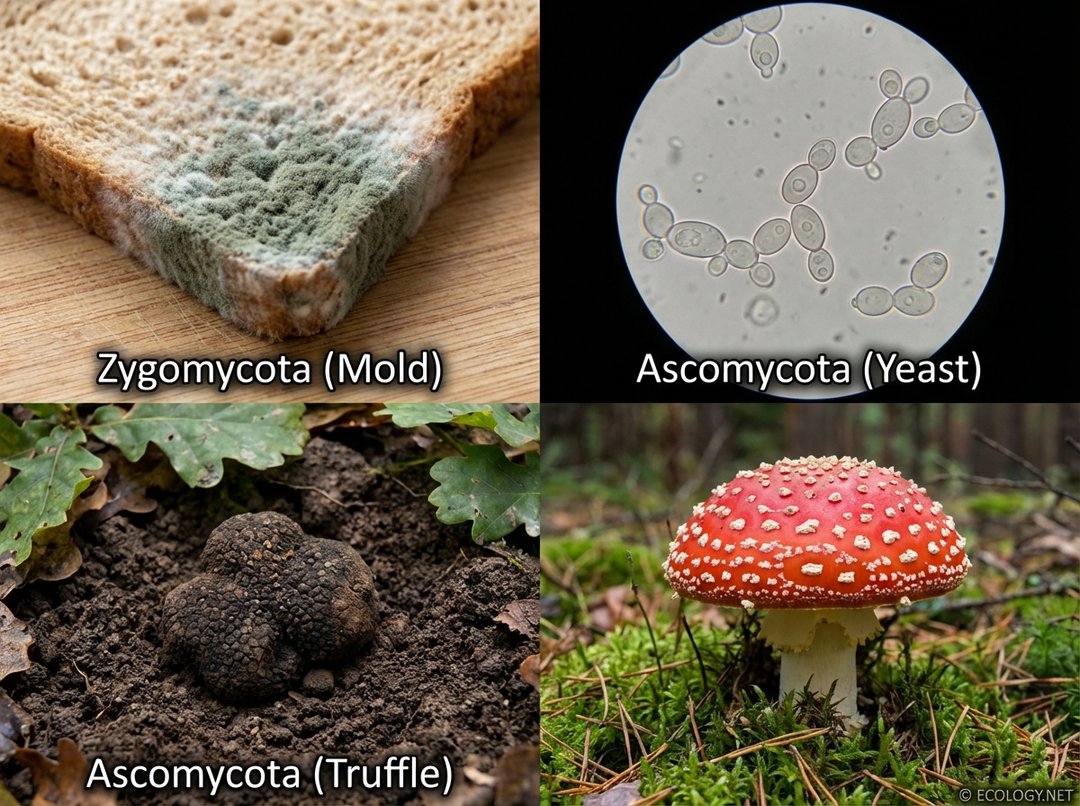Collage of diverse fungi including bread mold, budding yeast cells, a truffle, and a classic red-capped mushroom.