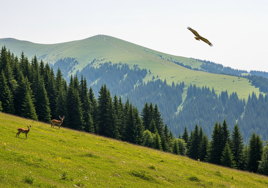 A mountain range showing diverse habitats from forest to alpine meadow, with various animals, illustrating total regional biodiversity.