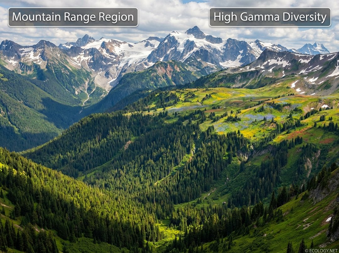 Photo-realistic landscape of a diverse mountain range showcasing high gamma diversity across varied habitats.