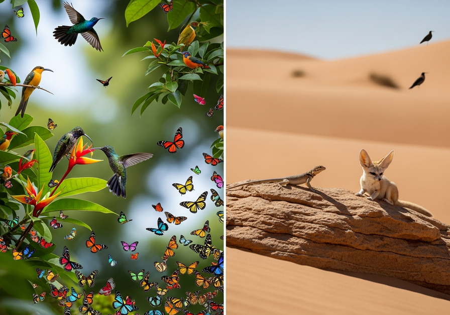Split image showing a lush rainforest on the left and an arid desert on the right, highlighting contrasting ecosystems and their contribution to regional biodiversity.