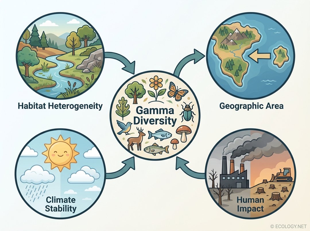 Diagram showing key factors influencing gamma diversity: habitat heterogeneity, geographic area, climate stability, and human impact.