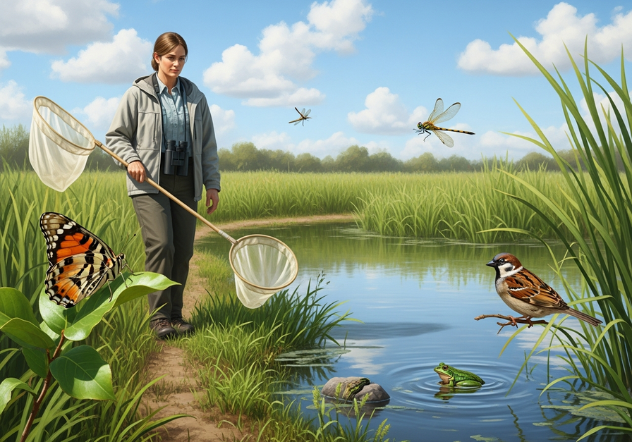 An ecologist surveying a wetland with a net and binoculars, observing butterflies, dragonflies, and frogs, demonstrating field sampling for regional species richness.