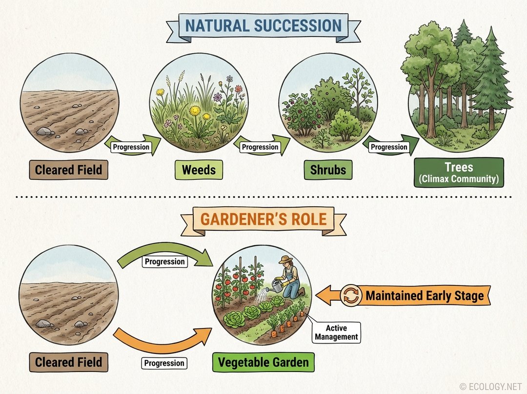 Diagram showing natural ecological succession from cleared field to trees, contrasted with a gardener maintaining a vegetable garden at an early stage.