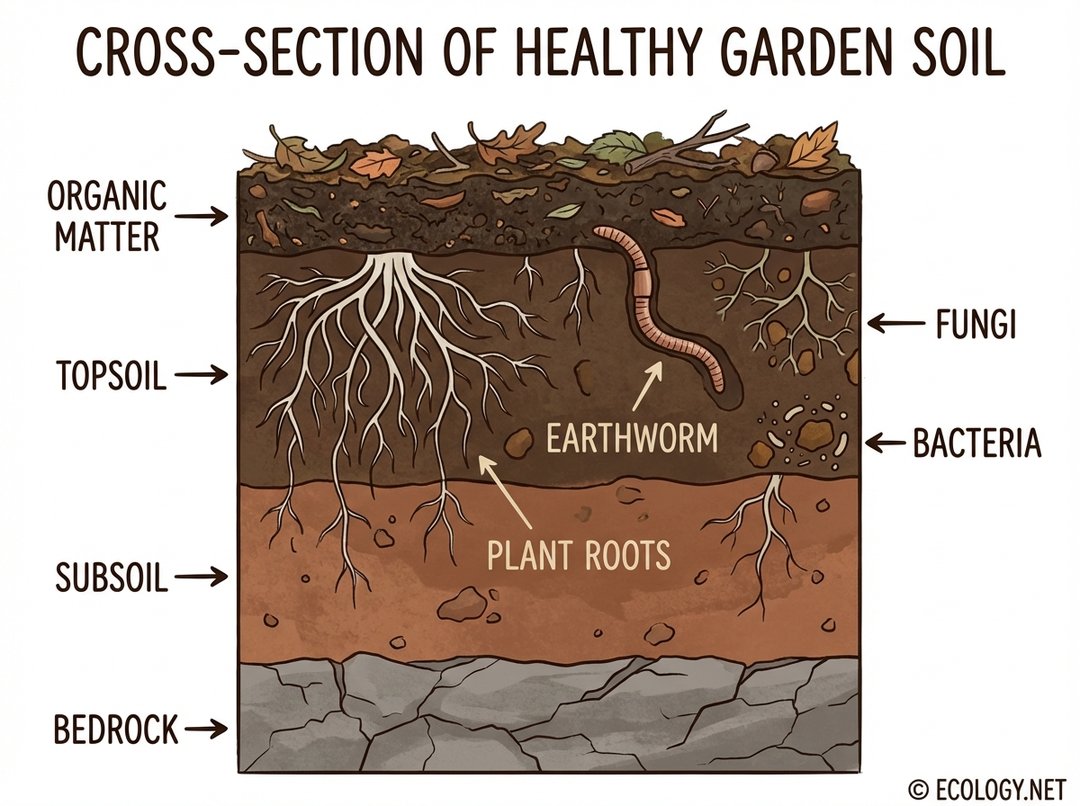 Cross-section diagram of healthy garden soil showing layers of organic matter, topsoil, subsoil, and bedrock, with plant roots, an earthworm, fungi, and bacteria.