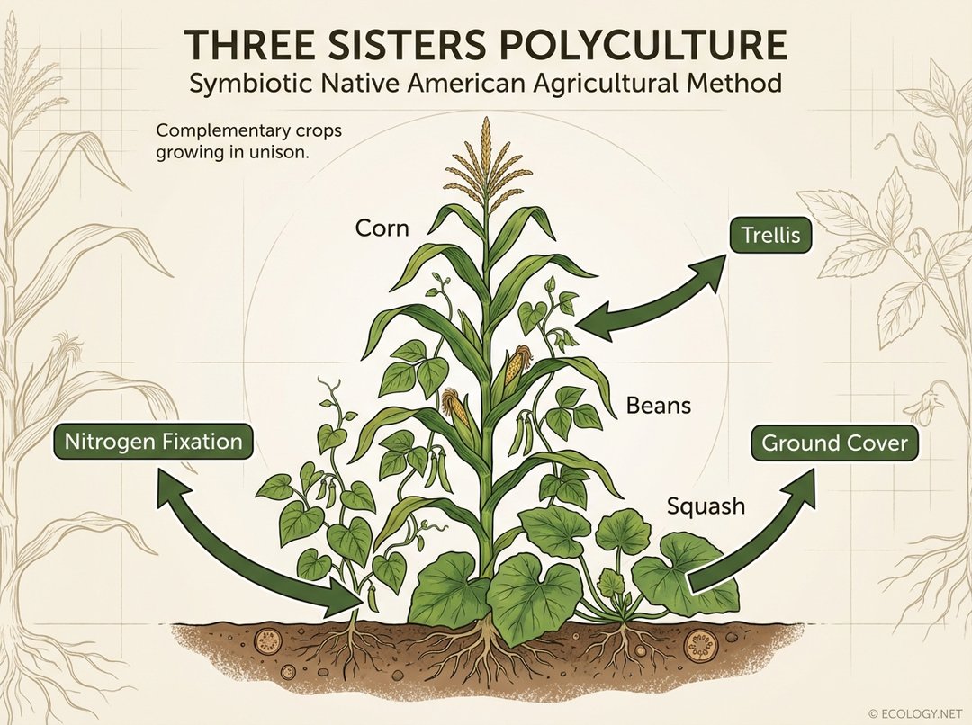 Diagram depicting the 'Three Sisters' polyculture method with corn providing a trellis for beans, beans fixing nitrogen, and squash providing ground cover.