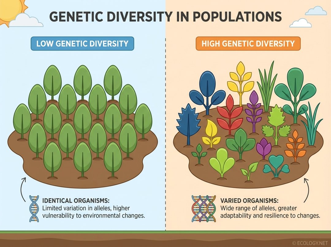 An infographic comparing two groups of stylized organisms. On the left, labeled 'Low Genetic Diversity', organisms are nearly identical. On the right, labeled 'High Genetic Diversity', organisms show a wide variety of colors, shapes, and sizes.
