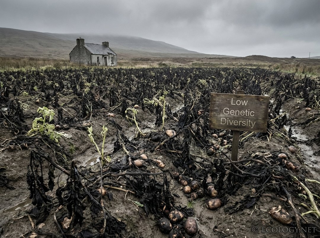 A photo-realistic image of a vast field of withered, blackened, and diseased potato plants under a grey sky, with a few struggling healthy plants. A subtle text label 'Low Genetic Diversity' is near the diseased crops.