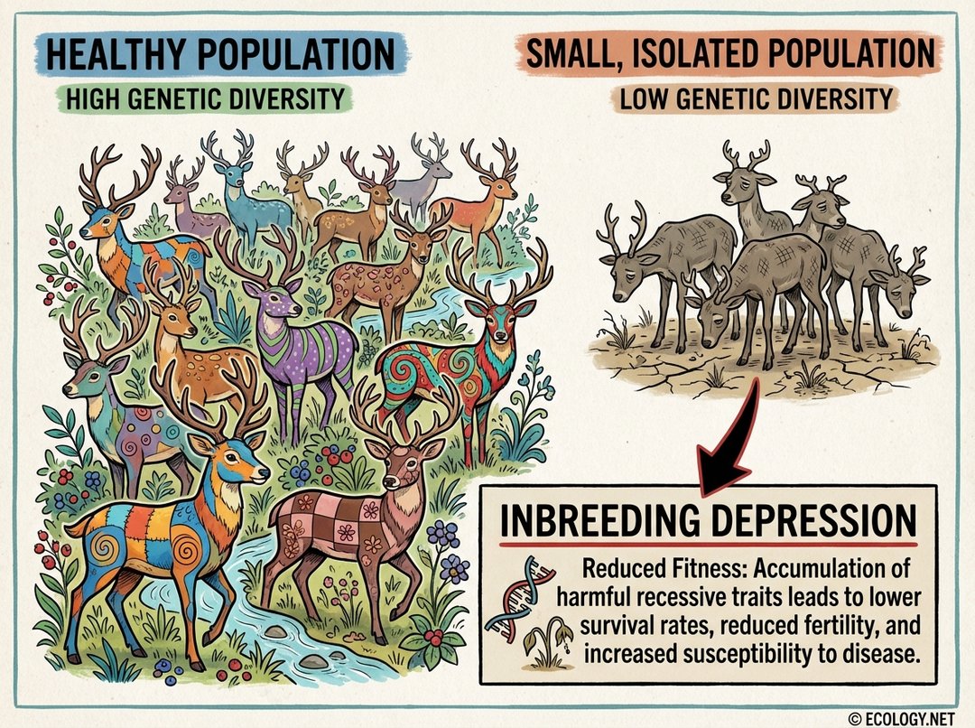 Diagram showing a vibrant, diverse animal population on the left and a small, sickly, uniform population on the right, illustrating inbreeding depression from low genetic diversity.