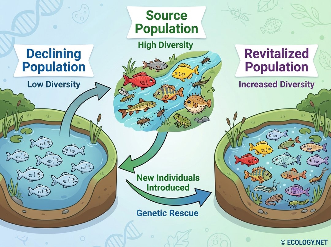 Diagram illustrating genetic rescue, showing new diverse individuals introduced from a source population to a declining, low-diversity population, resulting in a revitalized, diverse population.