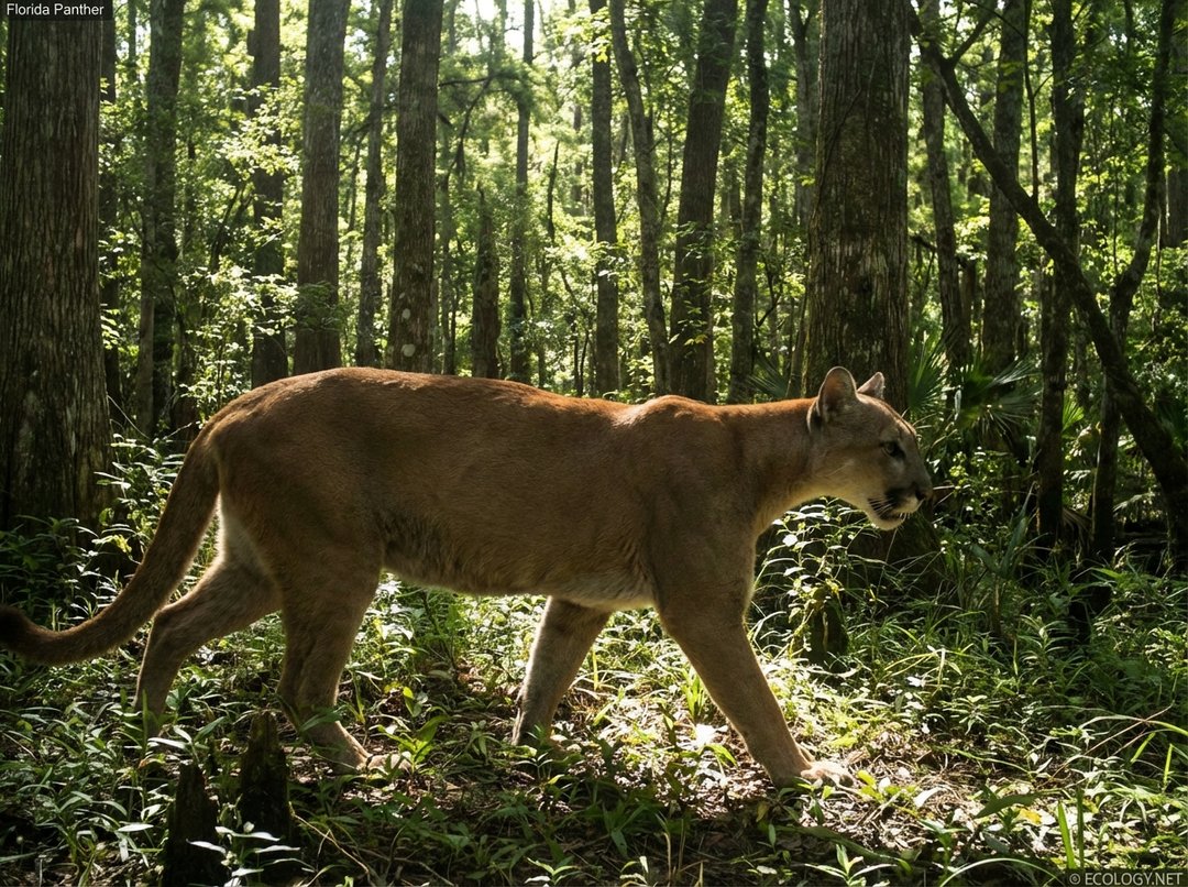 A majestic Florida Panther, a large tawny wild cat, walks through a sun-dappled forest in the Everglades, representing a genetic rescue success story.