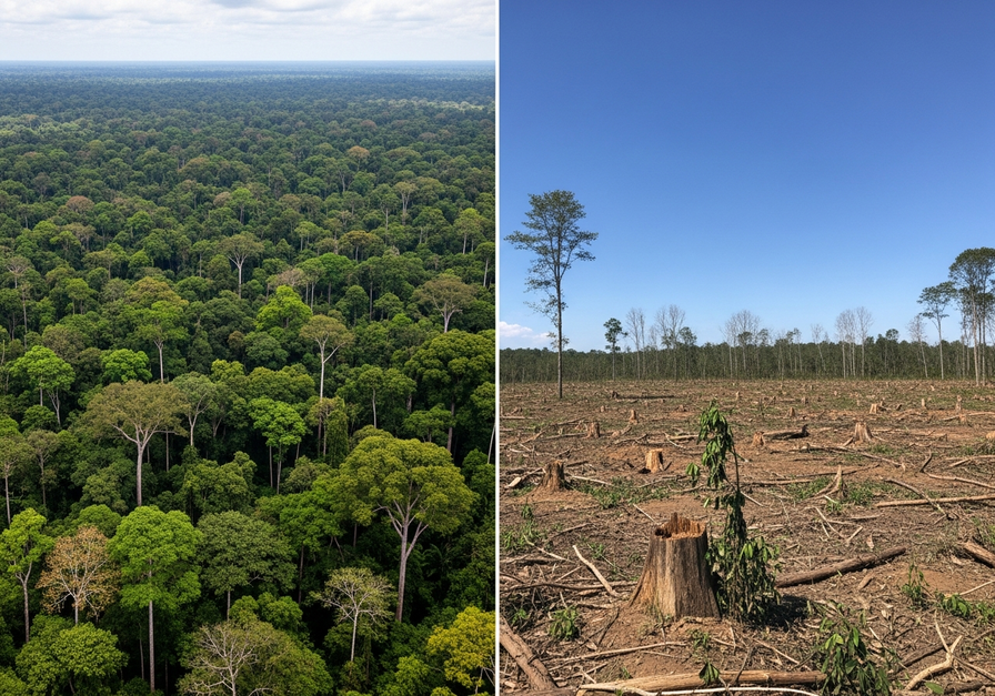 Split-screen image showing a lush rainforest on the left and a barren deforested area with stumps on the right, illustrating the impact of deforestation on carbon absorption.