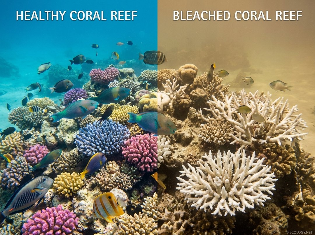 Split image showing a healthy coral reef next to a bleached, lifeless coral reef.