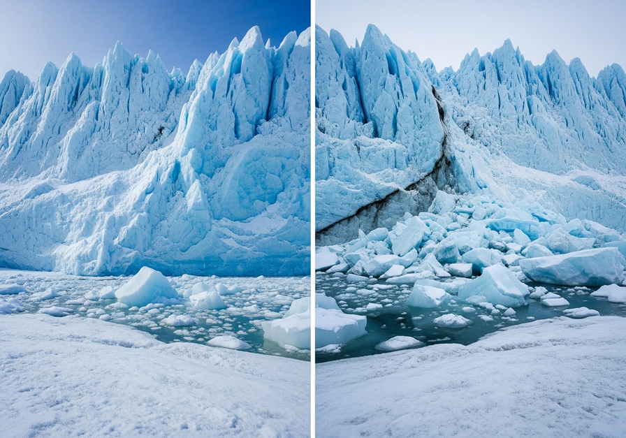 Split-screen photograph of an Arctic glacier, showing pristine ice on the left and a collapsed, melting glacier front with meltwater pools on the right.