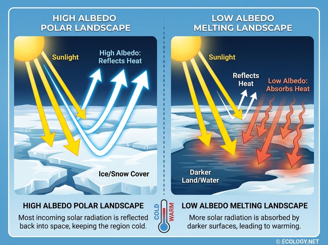 Diagram explaining the albedo effect with ice reflecting sunlight and darker surfaces absorbing heat.