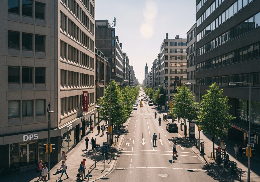 Midday scene on a busy metropolitan street with concrete buildings and asphalt, illustrating the urban heat island effect and intense heat.