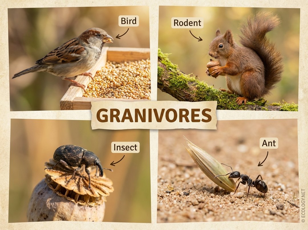 A vibrant collage showing a sparrow eating seeds, a squirrel holding an acorn, a weevil on a seed pod, and an ant carrying a seed, with labels 'Bird', 'Rodent', 'Insect', 'Ant' and a central title 'Granivores'.