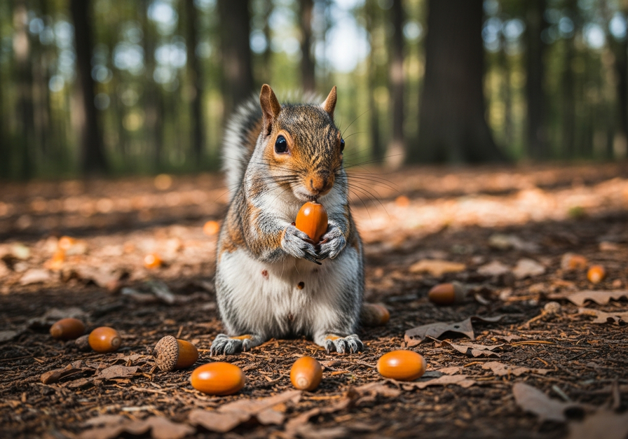 A gray squirrel caching acorns on a forest floor, demonstrating seed dispersal and food storage.