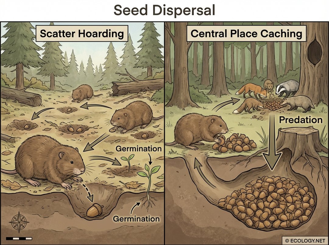 An illustrative diagram showing two seed dispersal strategies. On the left, 'Scatter Hoarding' depicts a rodent burying individual seeds, with some germinating. On the right, 'Central Place Caching' shows a rodent accumulating many seeds in one large cache, with an arrow indicating high predation.
