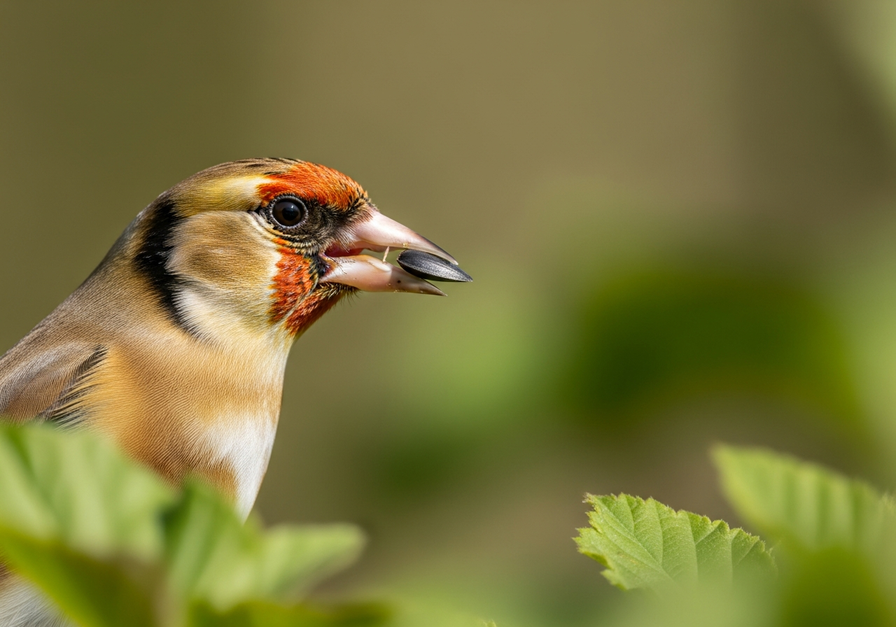 A goldfinch with a seed in its beak, showcasing specialized beak morphology for cracking seeds.