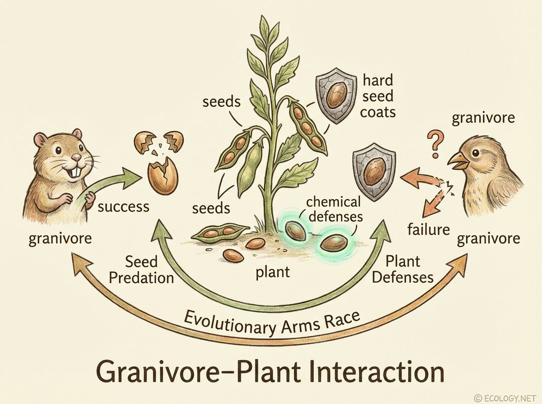 An illustrative diagram depicting the 'Evolutionary Arms Race' between granivores and plants. A plant with seeds shows some protected by hard seed coats or chemical defenses. A granivore attempts to consume seeds, with some success and some failure due to defenses, with arrows showing dynamic interaction and labels 'Granivore-Plant Interaction', 'Seed Predation', 'Plant Defenses', 'Evolutionary Arms Race'.