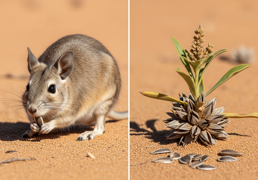 A split-screen image of a kangaroo rat foraging in a desert, illustrating how desert species rely on seeds for nutrition.