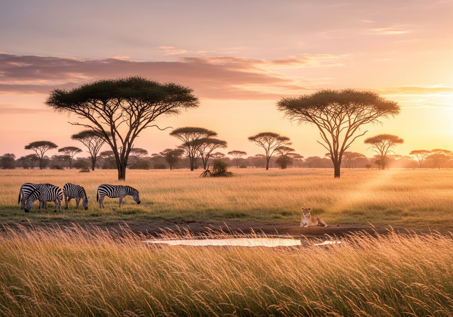 African savanna at sunrise with zebras grazing and a lioness resting near a waterhole.