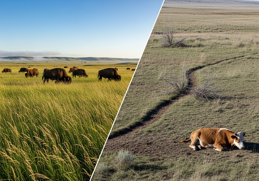 Split image showing a healthy, lush North American prairie on the left and a degraded, overgrazed patch with soil erosion on the right.