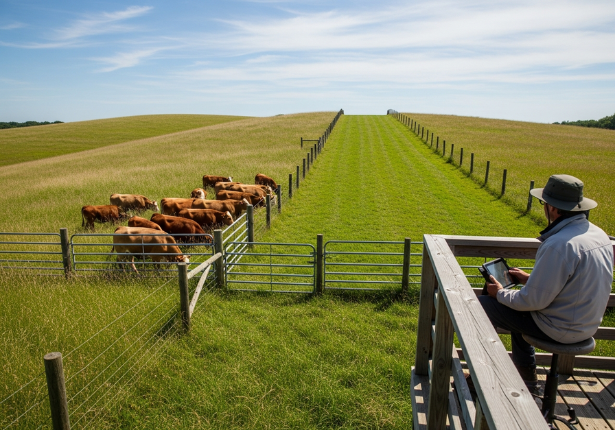 A fenced enclosure with cattle grazing on lush grass, while an adjacent strip is rested, illustrating rotational grazing.