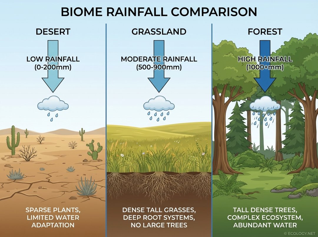 Illustrative diagram comparing Desert, Grassland, and Forest biomes based on rainfall levels. Desert shows low rainfall (0-200mm), Grassland shows moderate rainfall (500-900mm) with deep roots, and Forest shows high rainfall (1000+mm) with dense trees.