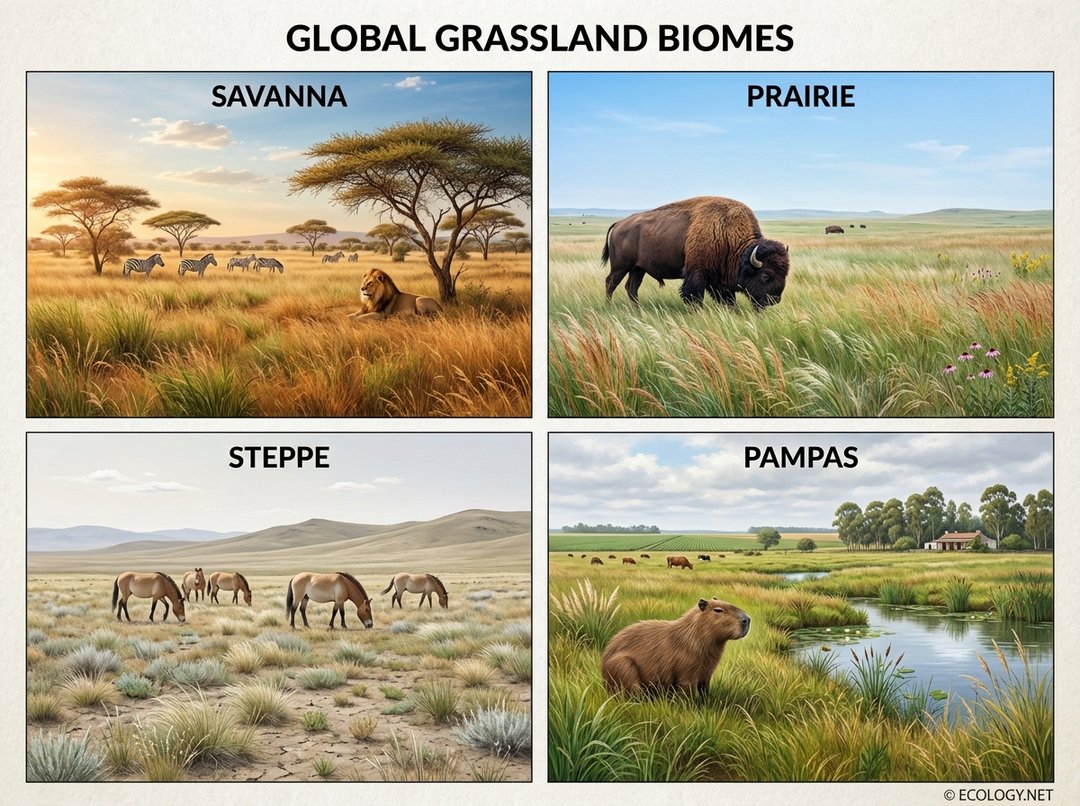 Four-panel diagram showing global grassland types: Savanna with acacia trees and wildlife, Prairie with vast tall grasses and bison, Steppe with short grasses and wild horses, and Pampas with lush grasses and capybara.