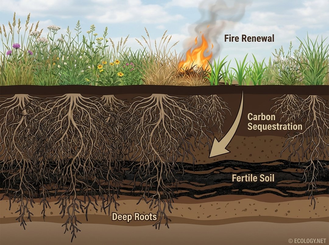 Illustrative diagram of grassland ecology showing a cross-section. Above ground: grasses with fire and new growth ('Fire Renewal'). Below ground: deep, dense root systems ('Deep Roots') in rich, dark soil ('Fertile Soil'). An arrow indicates 'Carbon Sequestration' from atmosphere to roots and soil.