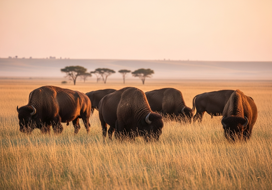 Bison grazing on a sunlit prairie at dawn