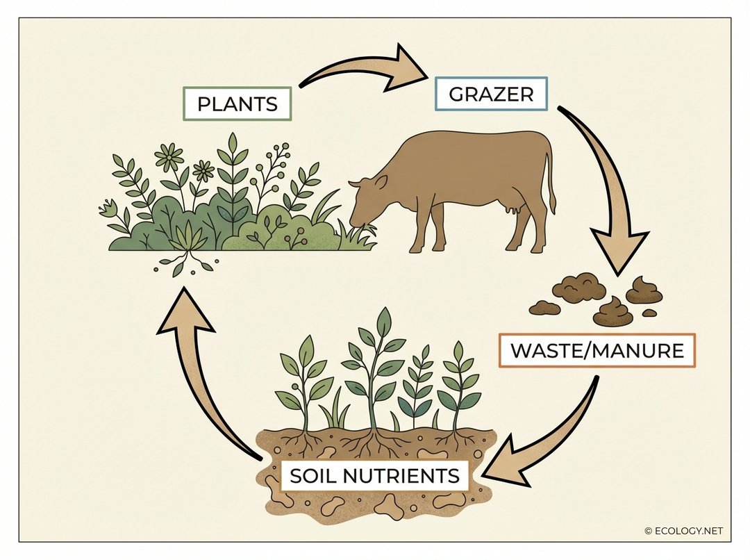 Diagram showing the nutrient cycle: soil nutrients to plants, plants to grazer, grazer to waste/manure, and waste/manure back to soil nutrients.