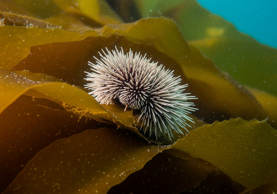 Sea urchin actively grazing on a kelp frond underwater