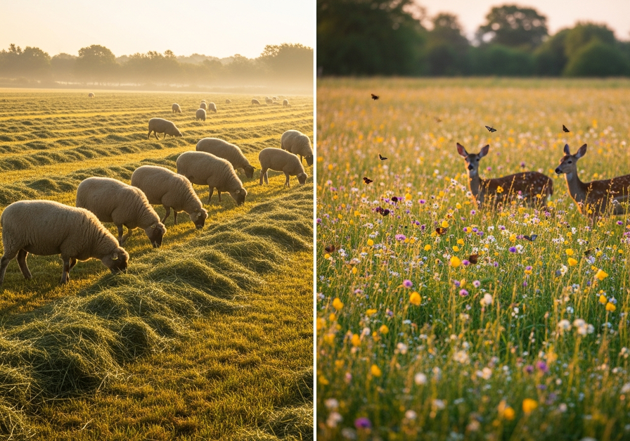 Split screen showing a heavily grazed pasture on the left and a diverse wildflower meadow on the right.